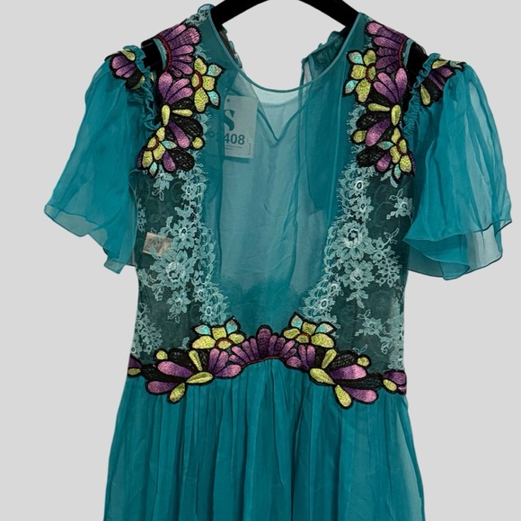 Alberta Ferretti Teal Lace & Embroidered Chiffon Dress — Size 2 / IT 38 - Picture 6 of 10
